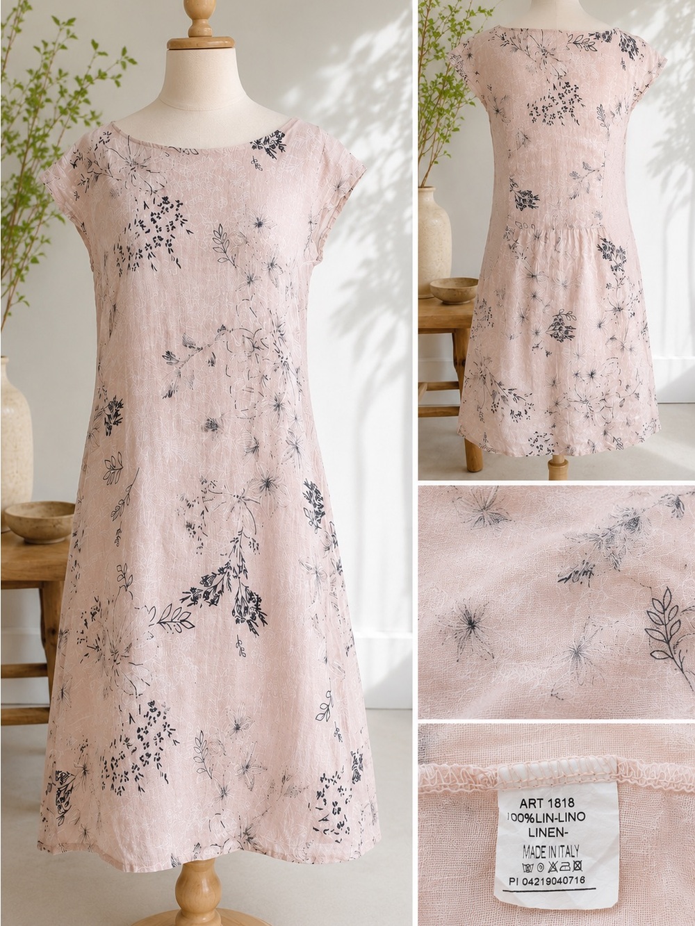 Light Pink Linen Midi Dress with Black Floral Print